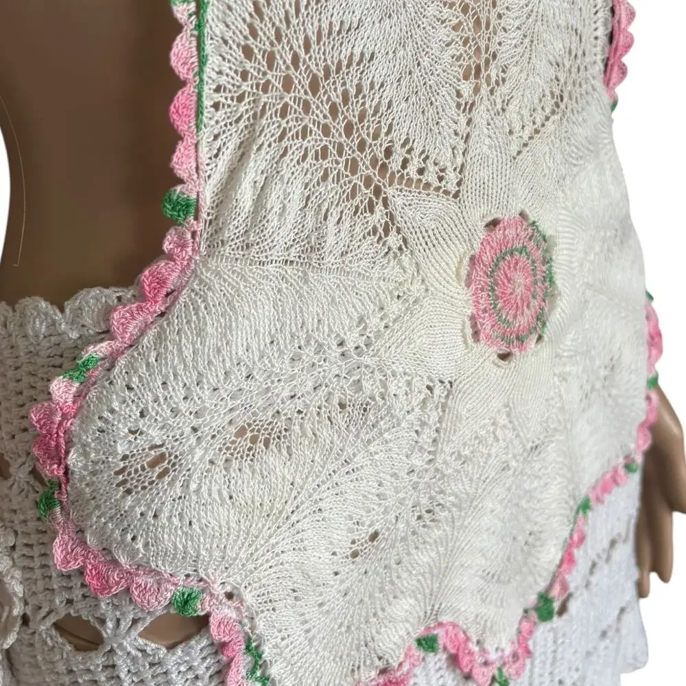 Upcycled Crochet Doily Cut Out Mini Dress Pink S Coquette Fairycore Boho Coastal